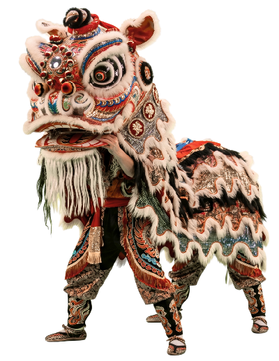 Dos hombres representando la Danza del león china